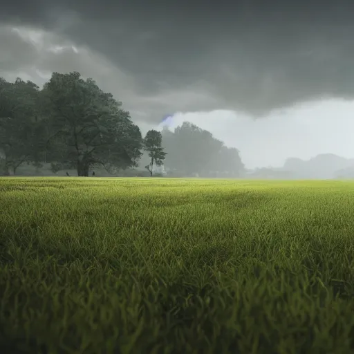 Image similar to landscape field, hyperrealistic, cinematic, unreal engine 5, rain