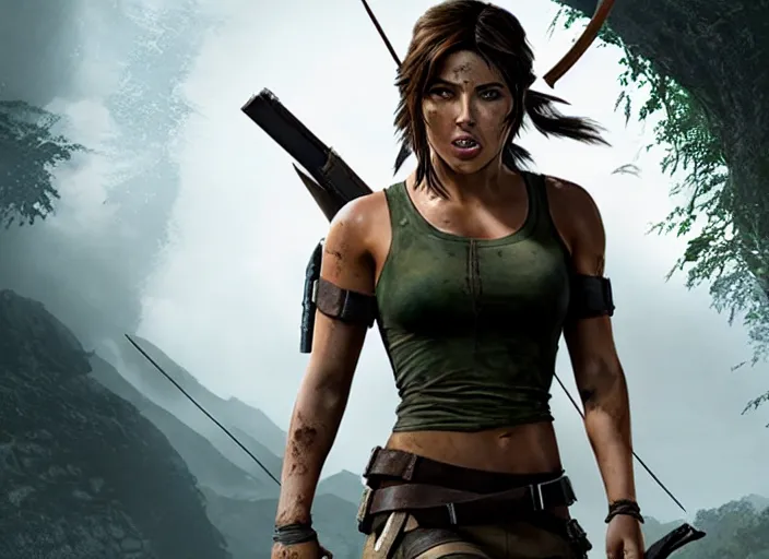 Image similar to film still of!!!! chloe bennett!!! as lara croft in new tomb raider movie, 8 k