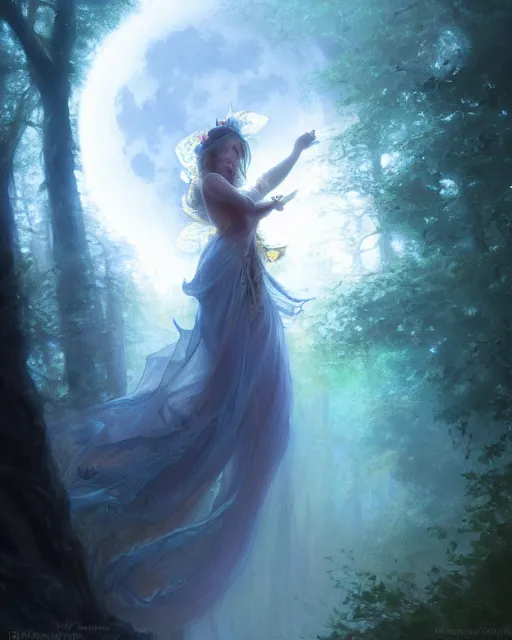 Image similar to a portrait of beautiful fairy goddness fly high in the night, d & d, fantasy, mist, full moon in background, trees, hyper detailed,, midium shot, an oil painting by ruan jia, trending on artstation, concept art, sharp focus, illustration, gaston bussiere, craig mullins, j. c. leyendecker, beautiful lighting