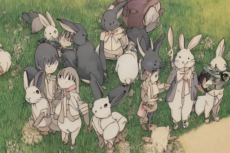 Prompt: beautiful art illustration of a group of rabbits by studio ghibli, anime, highly detailed