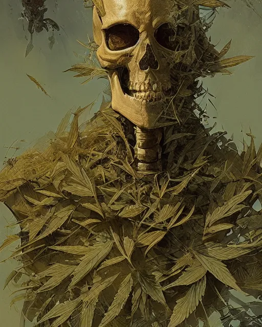 Image similar to skeleton made of weed leaves, clear sky, scifi character portrait by greg rutkowski esuthio craig mullins