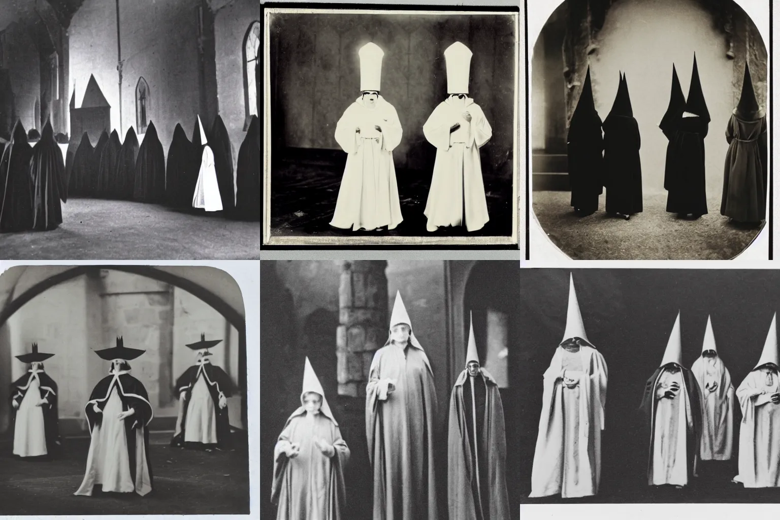 Prompt: - Early black and white photograph of robed figures with tall pointed hats inside a castle, creepy, 8mm