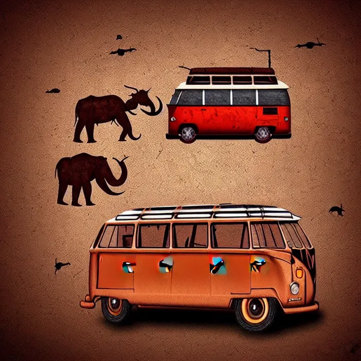 Image similar to picture of ancient vw bus, mammoths and hunters, ancient prehistoric rock art in a cave style, red ocher paint