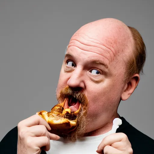 Image similar to louis c k eating a cinnamon roll, xf iq 4, f / 1. 4, iso 2 0 0, 1 / 1 6 0 s, 8 k, raw, unedited, symmetrical balance, in - frame, sharpened