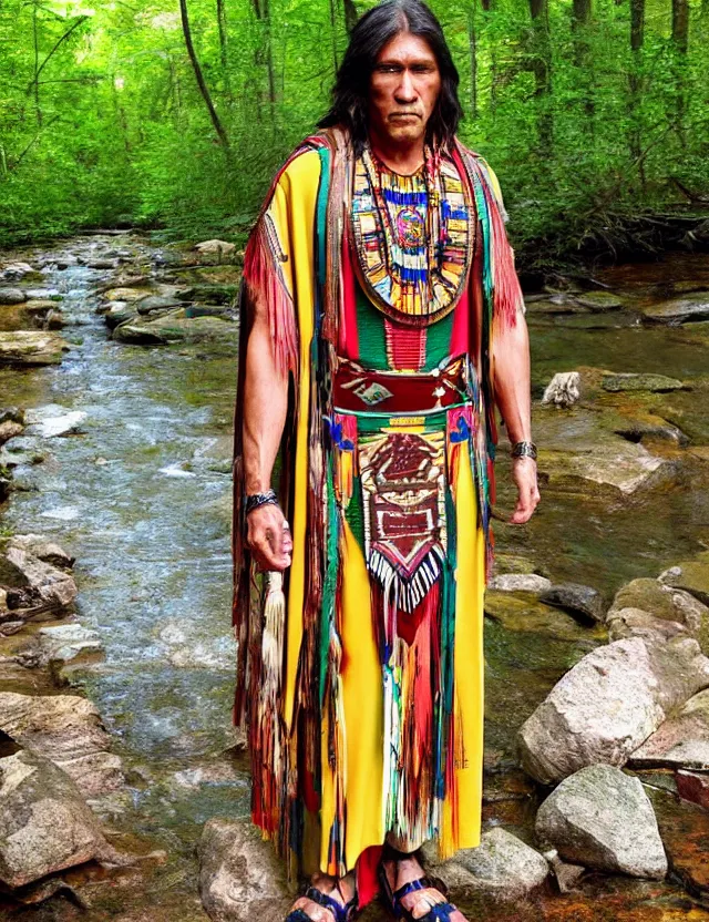 Prompt: full body shot longshot modern intricate textile ancient roman toga cloak native american chiseled chin walking along the small creek in the woods versace colorful gucci