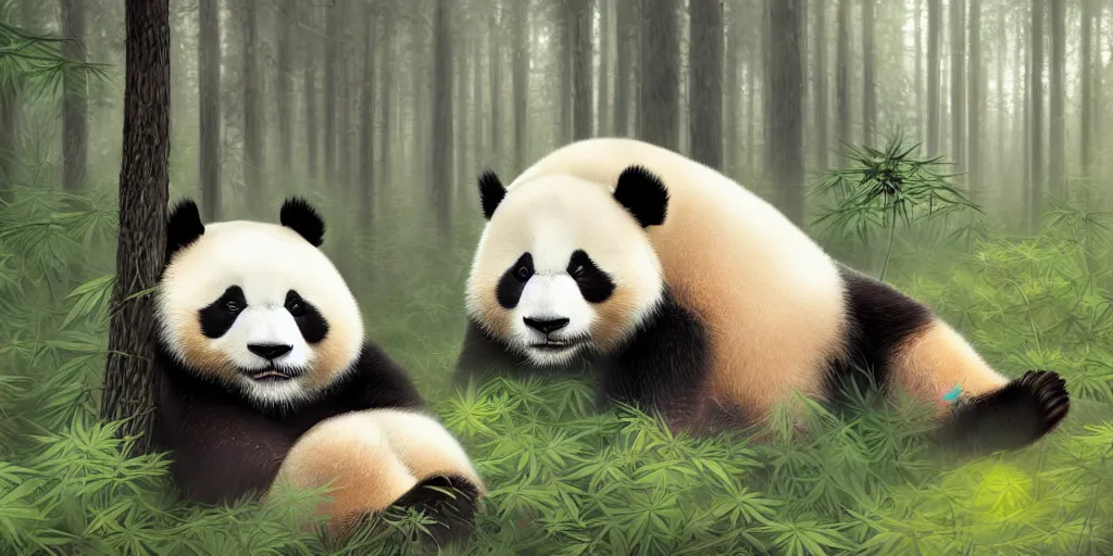 Image similar to beautiful aesthetic digital illustration of a relaxed panda surrounded by an endless forest of weed wlop and Julia Razumova, realistic, photorealistic, hyperrealistic, unreal engine, octane, deviantArt, trending on artstation, artstation HQ