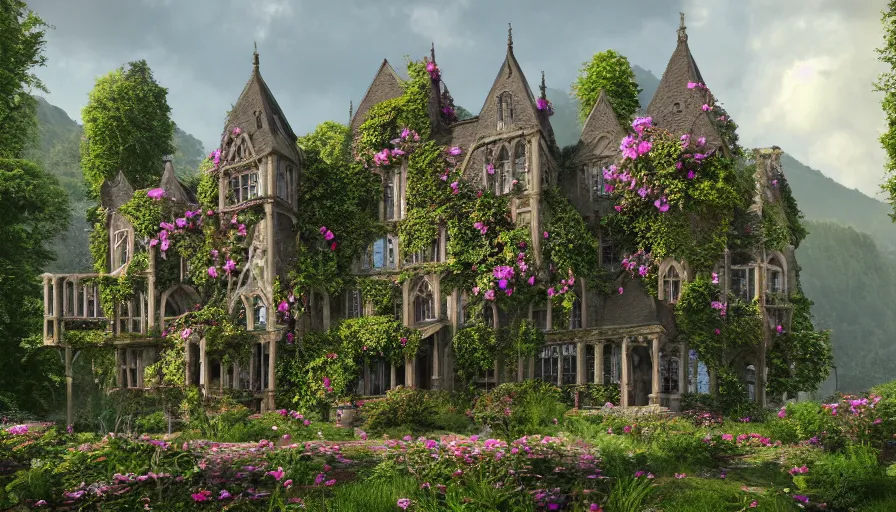 Image similar to Realistic image of a small Neo-Gothic manor covered by flowers in a middle of green mountains with waterfalls in the background, hyperdetailed, artstation, cgsociety, 8k