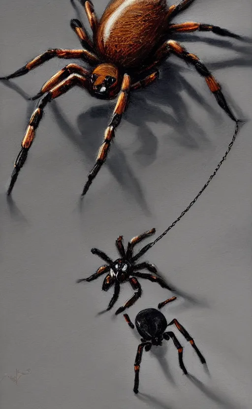 Prompt: beautiful photorealistic painting of a man walking his pet spider on a leash. vibrant, high quality, very funny, beautiful, hq. hd. 4 k. award winning. trending on artstation