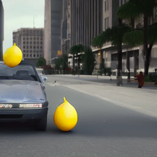 Prompt: A lemon getting run over by a car, Dramatic camera shot, Realistic, Unreal engine 5,