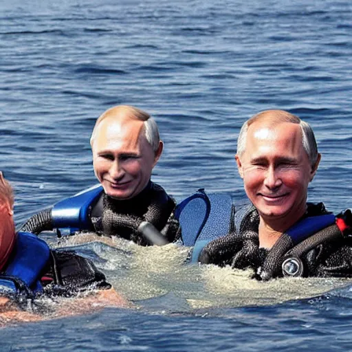 Image similar to putin, trump, obama and bush are below water scubadibing while smiling and having a great time