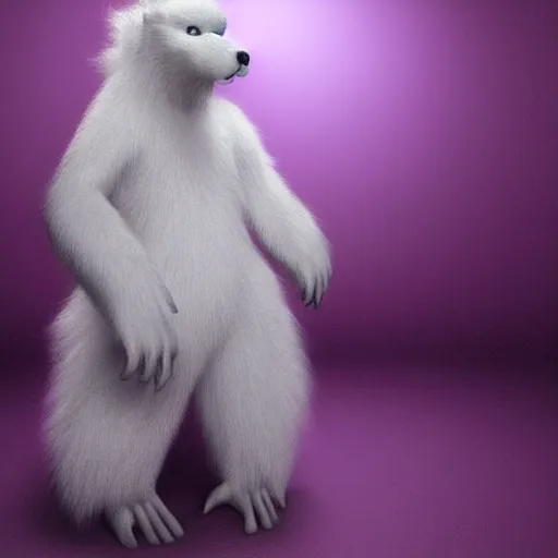 Image similar to a photo of a white fur monster standing in a purple room