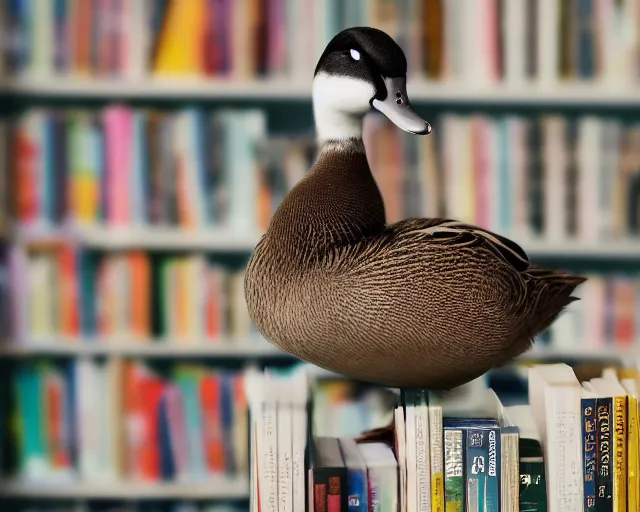 Prompt: 8 5 mm photography of a duck at a library with dof and bokeh and book shelves out of focus in the background. highly detailed 8 k. intricate. lifelike. soft diffused light. nikon d 8 5 0.