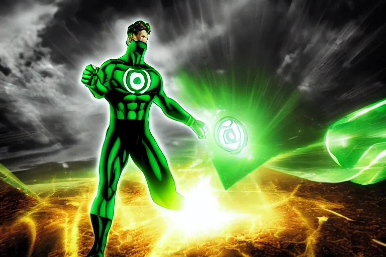 Image similar to green lantern creating a giant hammer, comicbook style, epic background, dof