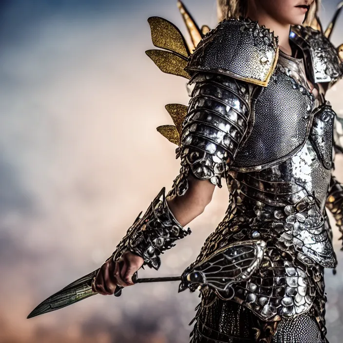 Image similar to full body photo of a fairy warrior wearing sparkly armour, highly detailed, 4 k, hdr, smooth, sharp focus, high resolution, award - winning photo