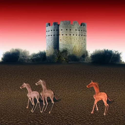 Image similar to desert at night filled with centaurs, tall white tower in the background, HD,