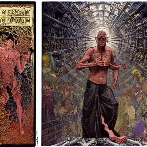 Image similar to a matte painting of hellraiser puzzle box floating above skinned man in hell by clive barker and alex grey and alphonse mucha