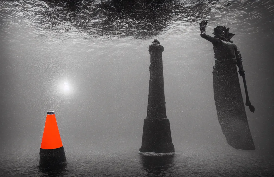 Prompt: duke of wellington statue with traffic cone in glasgow city underwater, realistic, high detail, backlit, wide angle shot, turbid water