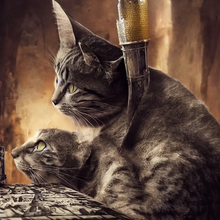 Image similar to an amazing award winning photo of a cat as knight templar protecting the holy grail, very detailed and sharp, 4k hdr, cinematic masterpiece