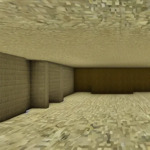 Prompt: A still from Minecraft (2011) of a dark, abandoned department store where the walls, carpet and ceiling are colored beige. liminal space