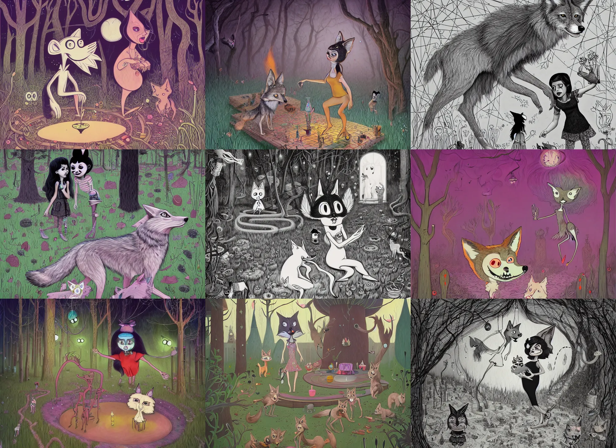 Prompt: a single magical coyote that crossed from another quantum dimension surprises a black haired girl while in her backyard. jon macnair, gary baseman, line drawing, carles dalmau, pedro correa, jakub rebelka, xiaofan zhang, artstation, intricate and highly detailed, nettie wakefield, monica langlois