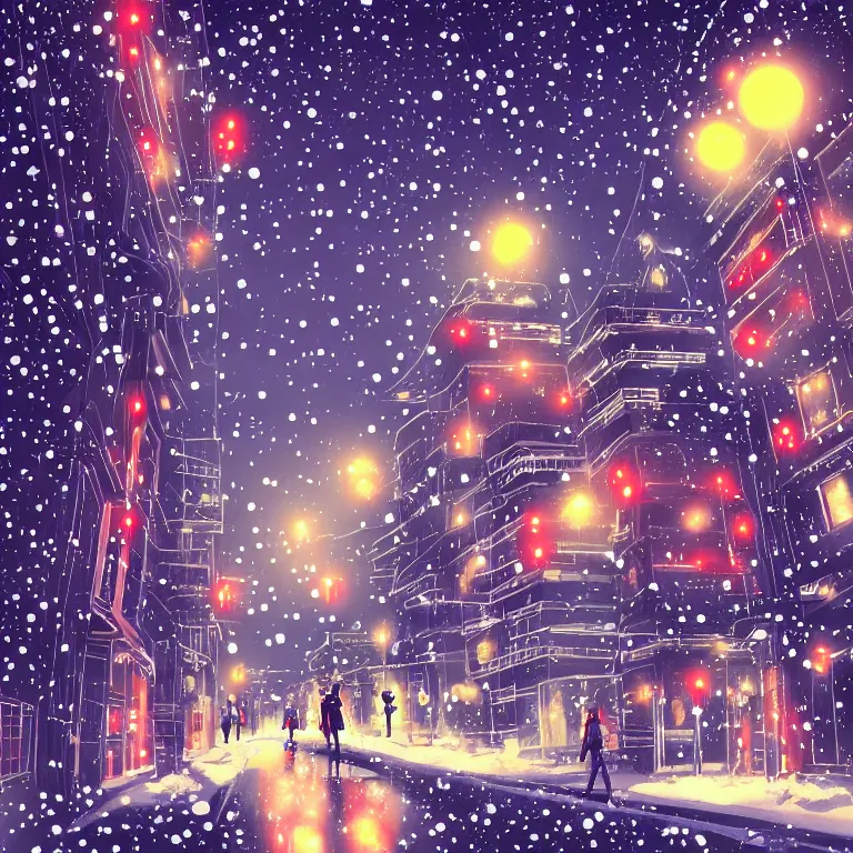 Prompt: anime - styled illustration of tokyo with many lights and lens flares, snowy winter christmas night
