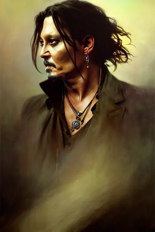 Image similar to hyperrealist portrait of johnny depp by jeremy mann and alphonse mucha, fantasy art, photo realistic, dynamic lighting, artstation, poster, volumetric lighting, very detailed faces, 4 k, award winning