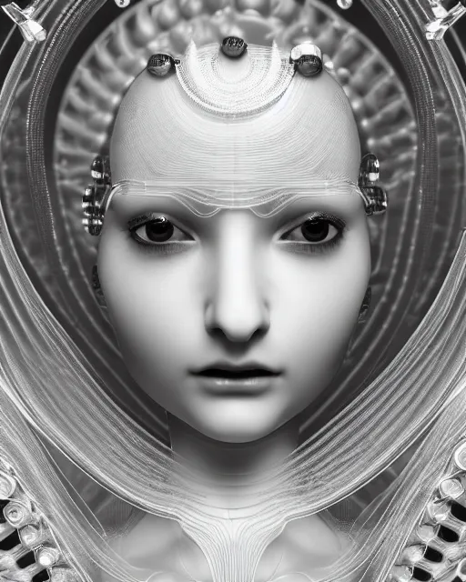 Prompt: mythical dreamy black and white organic translucent bio-mechanical spinal ribbed profile face portrait detail of mechanical beautiful female angelic-human-queen-realistic-doll-cyborg, highly detailed, intricate crystal jelly steampunk ornate, poetic, 3D render, digital art, octane render, 8K artistic photography, photo-realistic, by Dora Maar