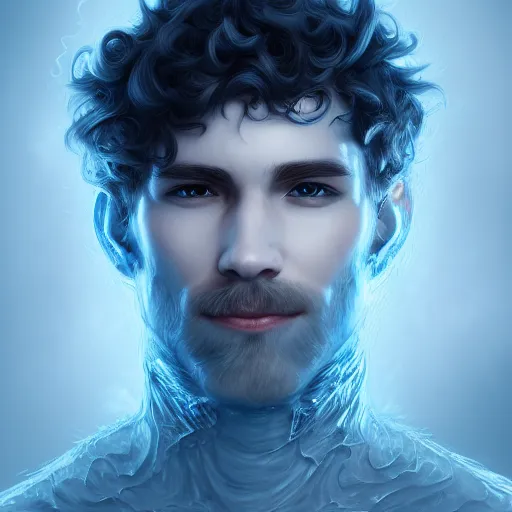 Image similar to award winning commission portrait of a man made of ice with curly hair,digital art,hyperdetailed,detailed fa e,ross tran,character design by charles bowater,deviantart,artstation,photorealistic,4k