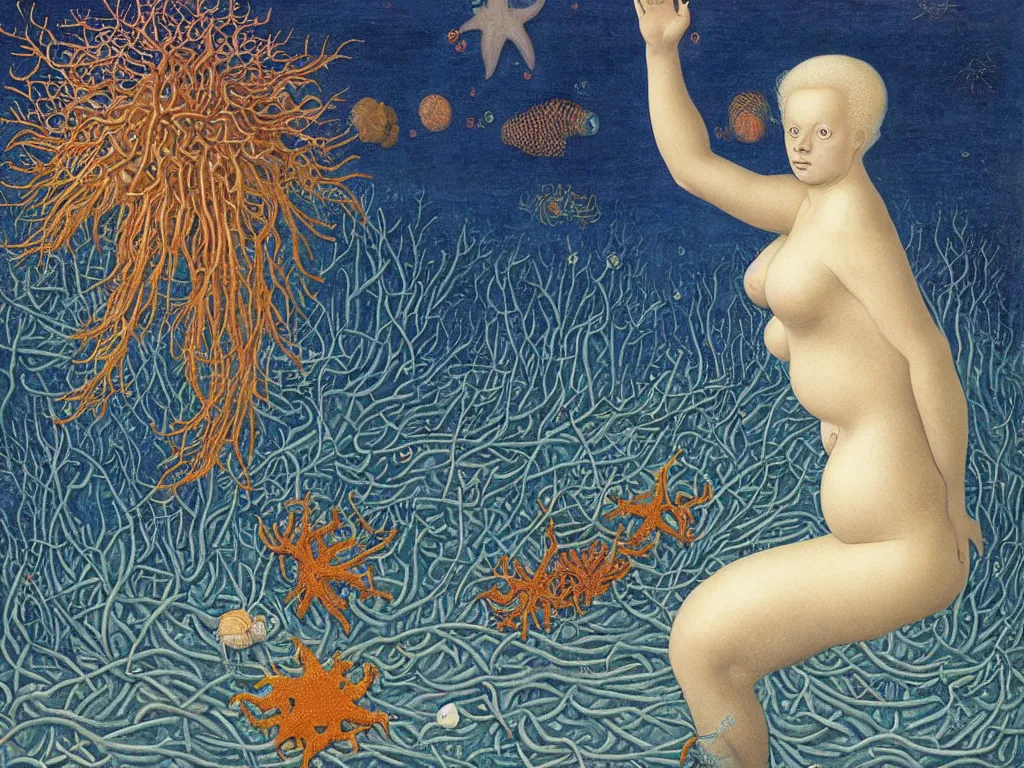 Image similar to Pregnant albino woman at the bottom of the ocean. Starfish, urchins, copepods, sea weed, rust, glowing eyes, phosphorescent cuttlefish. Painting by Lucas Cranach, Rene Magritte, Jean Delville, Max Ernst, Maria Sybilla Merian