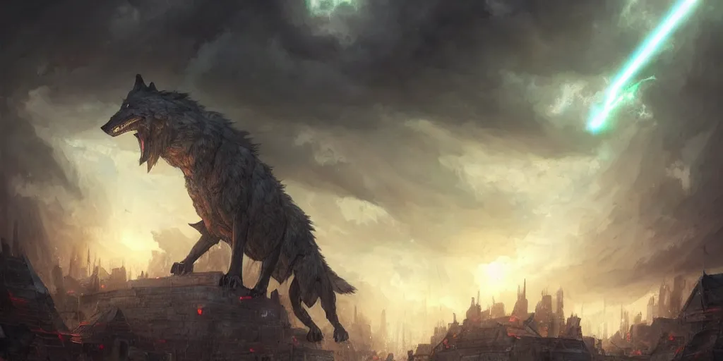 Prompt: An epic battle inside a walled city while raining heavy. Giant wolf is attacked by laser beams, magic barrage, raining, epic, thunderstorm. In style of Greg Rutkowski, Jesper Ejsing, Makoto Shinkai, trending on ArtStation, fantasy, great composition, concept art, highly detailed, scenery, 8K, Behance.