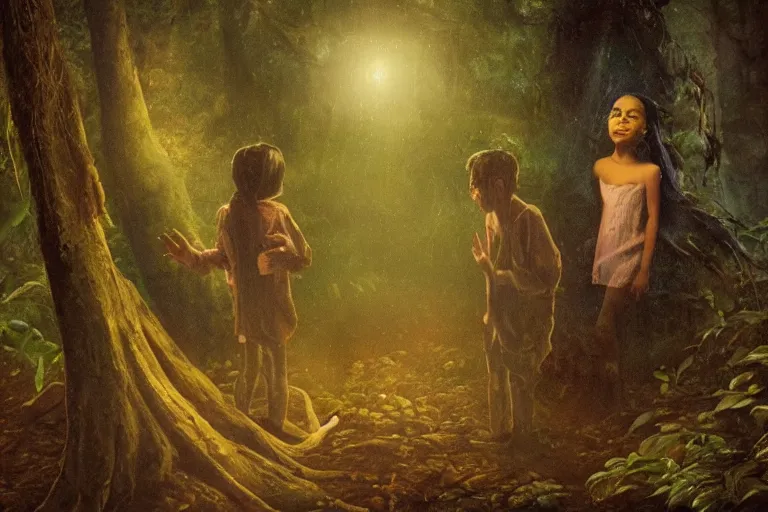Prompt: a children talking with a macabre ethereal wrapped stained macabre phantom in the middle of a rain forest at night, realistic, obscure, dramatic scene