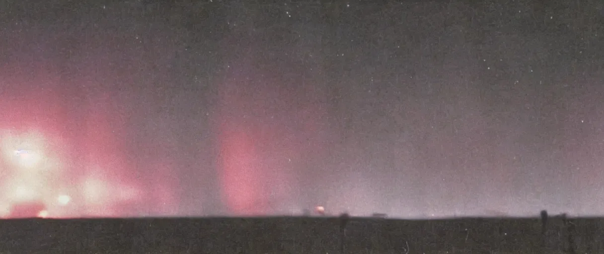 Image similar to a high quality color creepy atmospheric dimly lit extreme closeup film 3 5 mm depth of field photograph of a us soldier frantically running away from a huge explosion in mcmurdoch station in antarctica in 1 9 8 2 with the aurora borealis in the sky at night