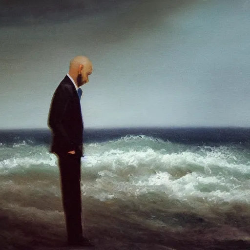 Image similar to ominous man standing at the bottom of the ocean, oil painting, brush strokes, highly ornate intricate detail, gloomy mood,