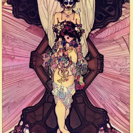 Prompt: cute punk Día de los Muertos girl by Alphonse Mucha Egon Schiele Ayami Kojima Amano Charlie Bowater, photography by Mario Testino, masterpiece