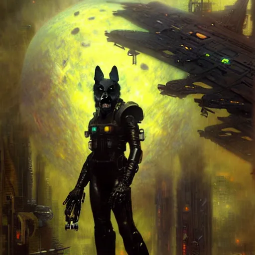 Image similar to portrait black german shepard dogman humanoid bipedal canine neuromancer. spaceship futuristic city. shadowrun cyberpunk fantasy d & d painting by gaston bussiere craig mullins jc leyendecker gustav klimt artgerm greg rutkowski john berkey, bergey, craig mullins, ruan jia, raymond swanland, tom lovell