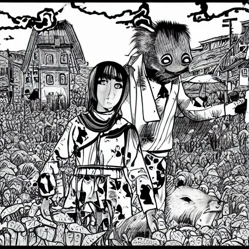 Prompt: a giant capybara zombie behind a village, digital drawing, manga style, by junji ito