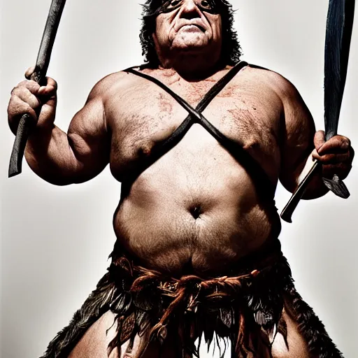 Image similar to danny devito as angry barbarian warrior, full body, holding club, frank reynolds, legendary warrior, leather straps, tattoos, piercings, fur and leather armor, beautiful, sharp detail, photo realism, robin eley, oil painting, fantasy