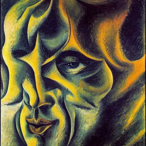 Prompt: extreme closeup portrait by umberto boccioni wojciech siudmak giacomo balla william blake, symmetrical, oil on canvas