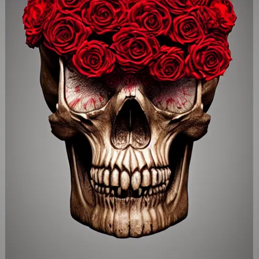 Image similar to skull made of red roses, organic horror, devil, death, giger, epic, baroque, art nouveau, james jean, photorealistic render, 3 ds max + v - ray, extremely detailed and intricate, center composition, elegant, vfx, unreal engine 5, octane render, extremely contrast, extremely sharp lines