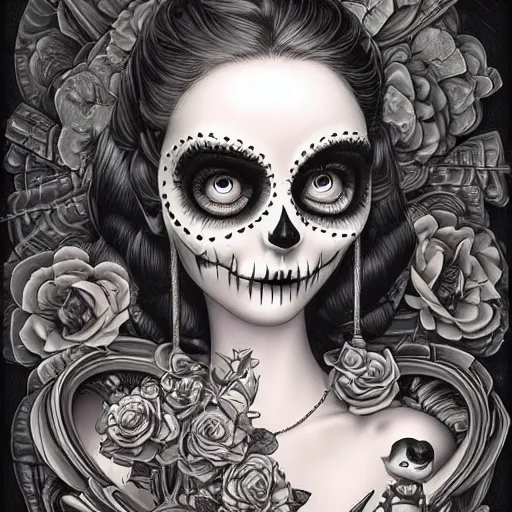 Image similar to Lofi portrait Pixar style by Joe Fenton and Stanley Artgerm, dio de los muertos, Tom Bagshaw and Tim Burton