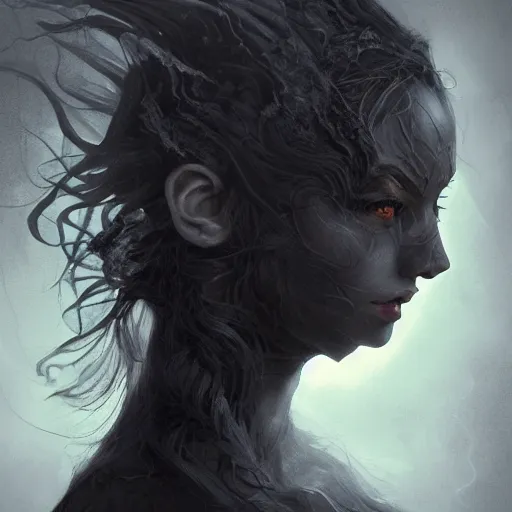 Image similar to head and shoulders portrait of a dark witch, dark fantasy, mystic, elegant, intricate, face, medium shot, trending on artstation, volumetric light, by Fernanda Suarez and Karol Bak