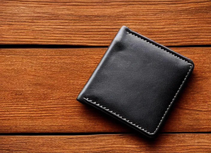 Prompt: clear highly detailed photorealistic topdown mockup product photograph of a realistic wallet on a wooden background