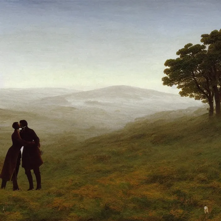 Image similar to adult dark - skinned man and woman kissing on the moorland, painting by caspar david friedrich