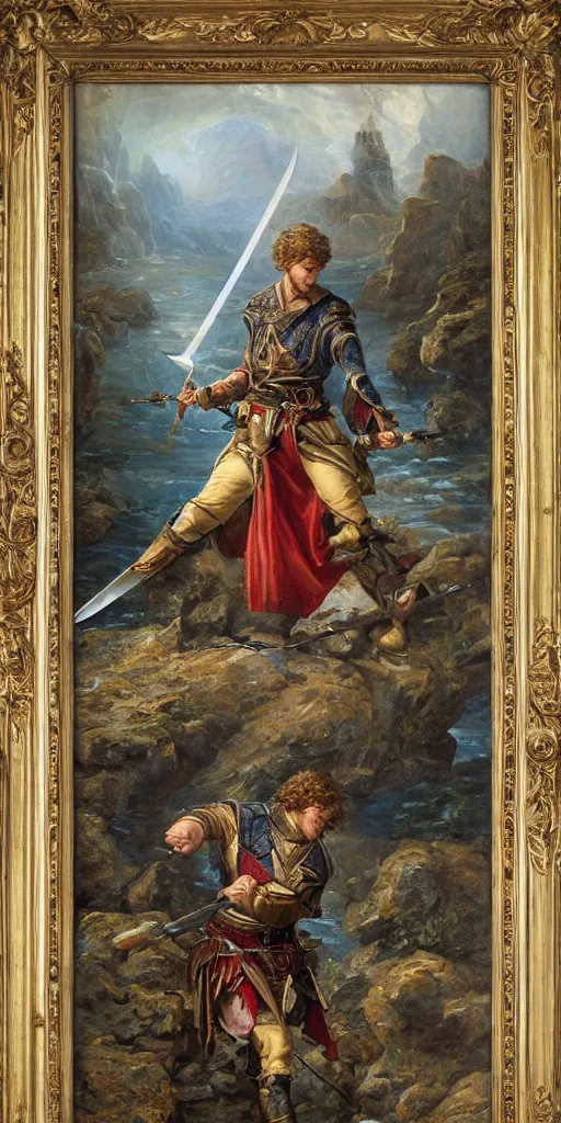 Image similar to a stunning and noble highly detailed romantic period style painting of young king arthur pulling the sword from the stone by james jean, josep tapiro baro and harles sillem lidderdale, trending on artstation, oil painting masterpiece, symmetry, rule of thirds, mysterious