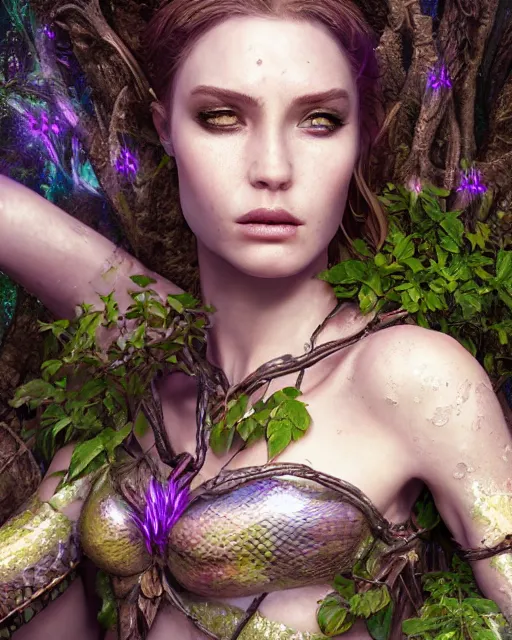 Image similar to portrait high definition photograph female fantasy character art, hyper realistic, pretty face, hyperrealism, iridescence water elemental, snake skin armor forest dryad, woody foliage, 8 k dop dof hdr fantasy character art, by aleski briclot and alexander'hollllow'fedosav and laura zalenga