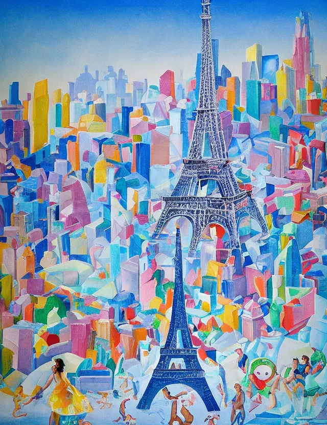 Image similar to a cubistic painting of a dancing ice sculpture eiffel tower in paris with melting ice cream of the paris skyline on a very sunny bright summer day, very hot and the ice is melting fast and people are swimming in the icecream in the style of james jean and fernando botero