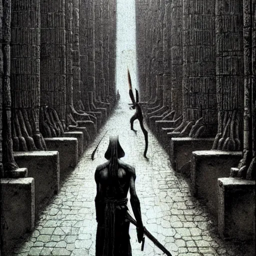 Prompt: a dark elf assassin striding through a dark ancient temple, beksinski, wide shot, gritty, wayne barlowe, hr giger