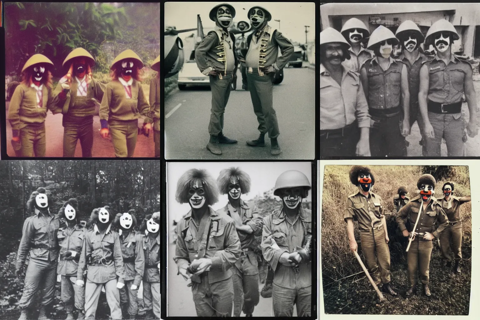 Prompt: a 70s Polaroid of clowns in Vietnam working as soldiers