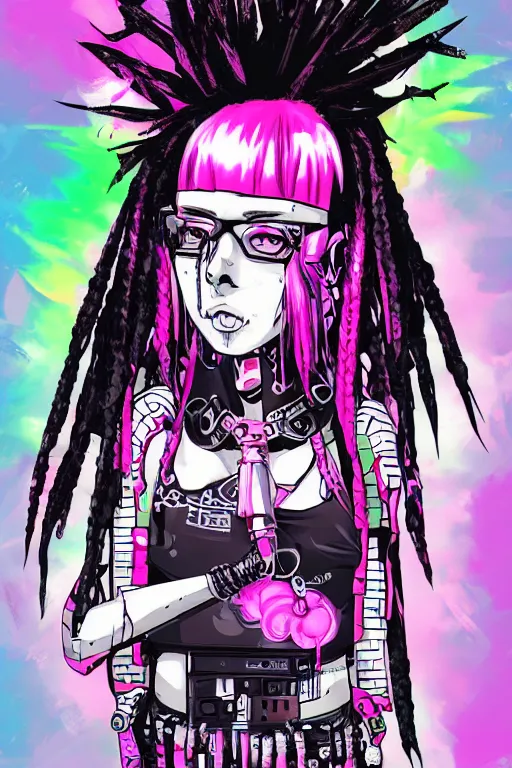 Image similar to portrait of an cybergoth girl with pink and black dreads laying on the floor of her room on ipad, manga, manga art, manga character concept art, vaporwave colors, lo - fi colors, vaporwave, lo - fi, moody vibe, goth vibe, 4 k, hd,