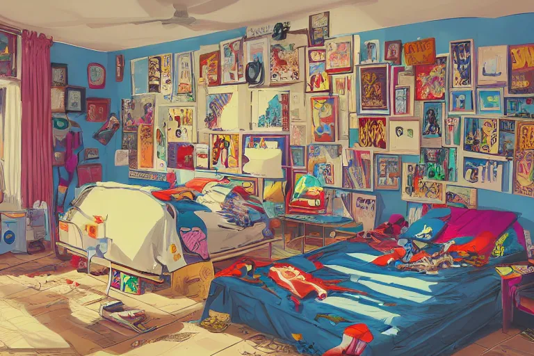 Image similar to a room of an american teen, graffiti and posters on the wall, bed, guitar, bookshelves, toys, bright, 8 0 s style, nostalgic, the sun shines in, warm, cozy, isometric art, bright, artstation, highly detailed, cinematic lighting + masterpiece